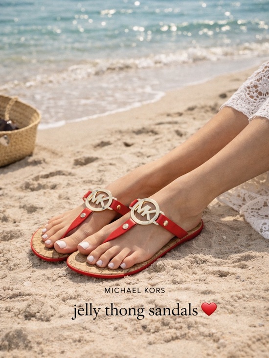 Michael Kors Shoes - Michael Kors Jelly Thong Sandals – cherry Red Logo Charm Cork Sole Size 9